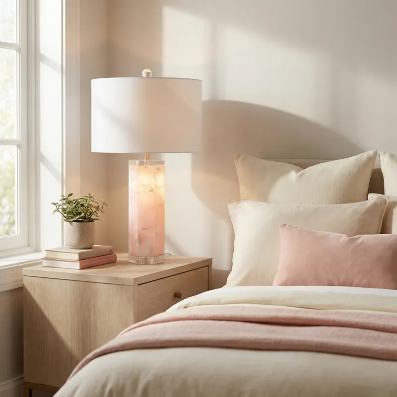 Pink Crystal Base Heidi Table Lamp &amp; Nightlight With White Linen Shade
