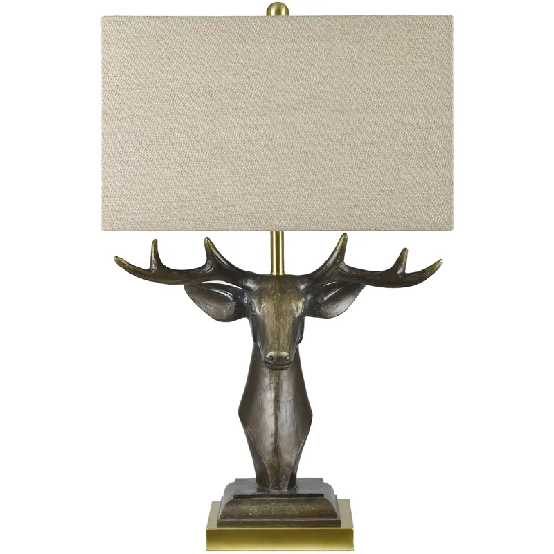 Deer Head Table Lamp With Beige Burlap Shade