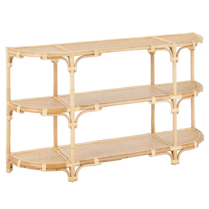 59.5 In Tan Raffia 3 Shelf Accent Console/sofa Table