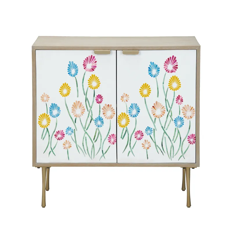2 Door Tan Wood Grain Accent Cabinet With Painted Floral Doors And Metal Legs