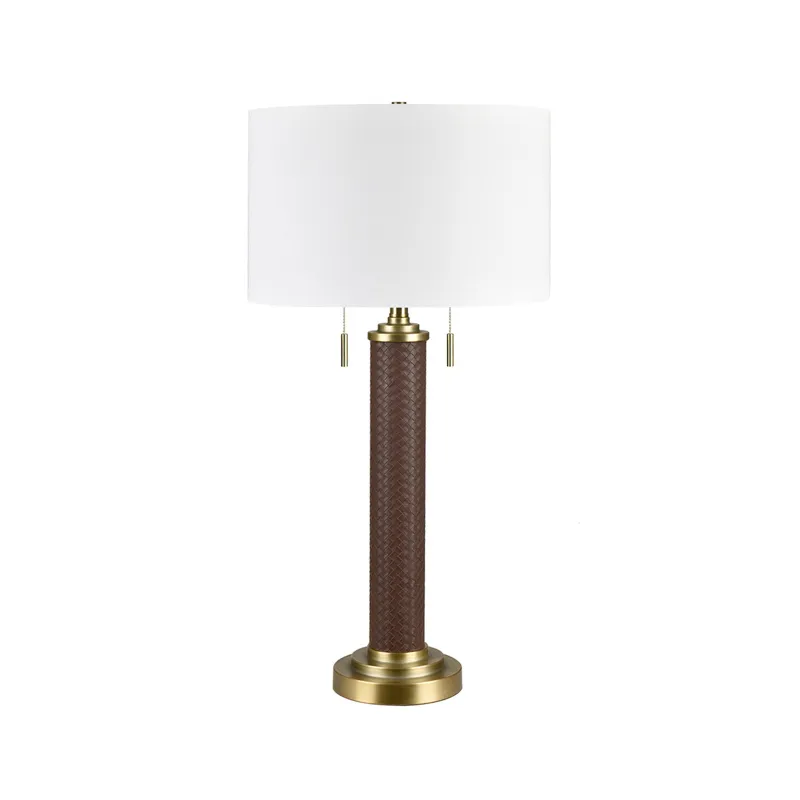 Faux Leather And Metal Table Lamp With White Linen Shade