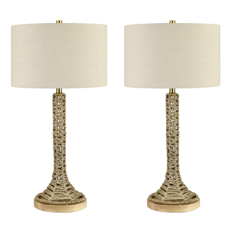 Set Of 2  Rattan Table Lamp With Linen Shade
