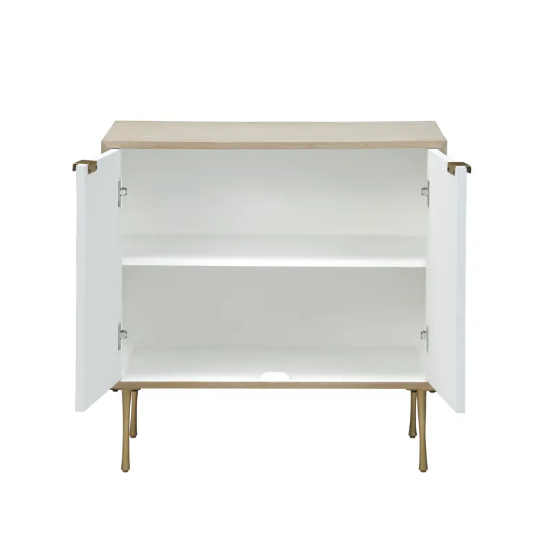 2 Door Tan Wood Grain Accent Cabinet With Painted Floral Doors And Metal Legs