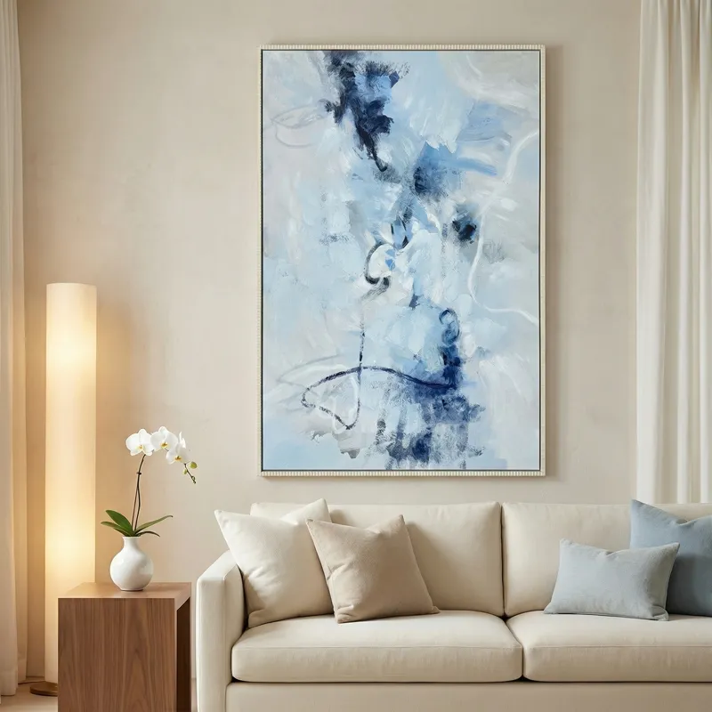 Blue Haze Abstract Oil Hand-painted Framed Canvas Wall Art