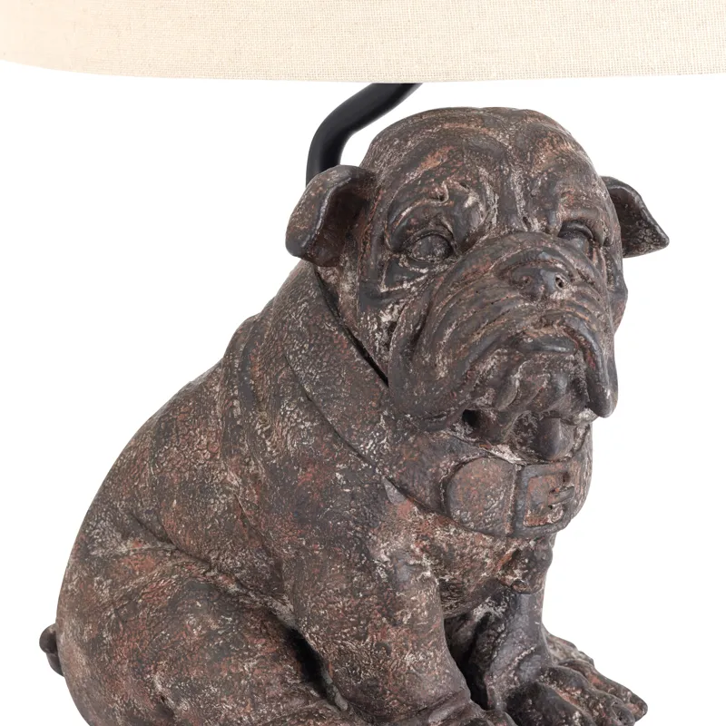 Resin Bulldog Table Lamp With Oat Linen Shade