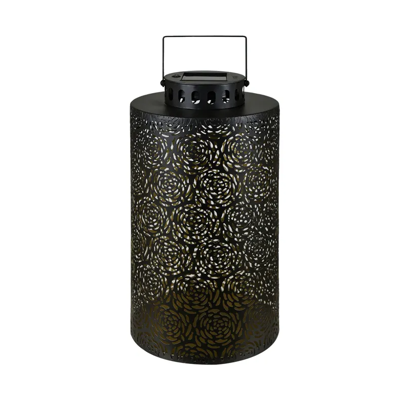 Black Metal Led Lantern With Floral Cutout Design