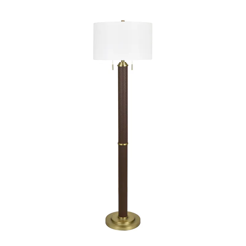 Faux Leather And Metal Floor Lamp With White Linen Shade