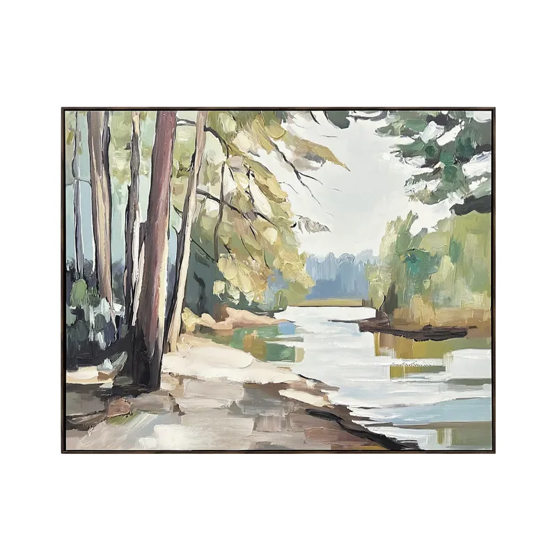 Riverside Pines Nature Landscape Hand-painted Framed Canvas Wall Art