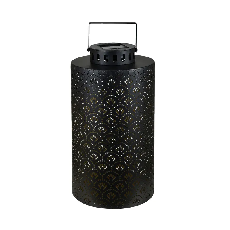 Metal Led Lantern With Cutout Fan Pattern