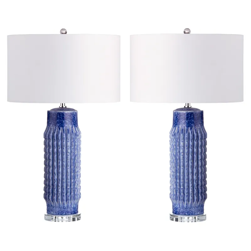Set Of 2 Blue Ribbed Ceramic Lamps With Crytsal Bases