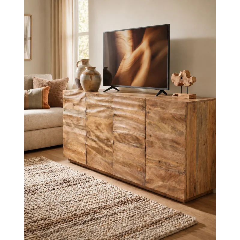 W Brown Wood Four Door Media Credenza Sideboard