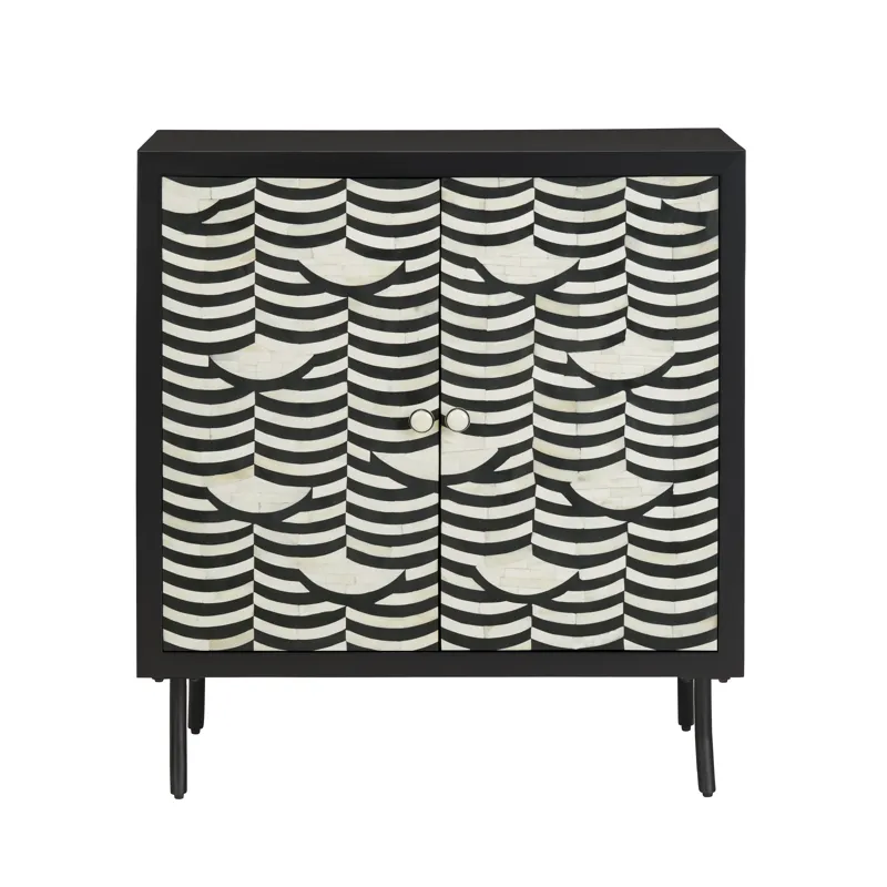 2-door Black Wood/ivory Bone Inlay Accent Cabinet With Black Metal Legs