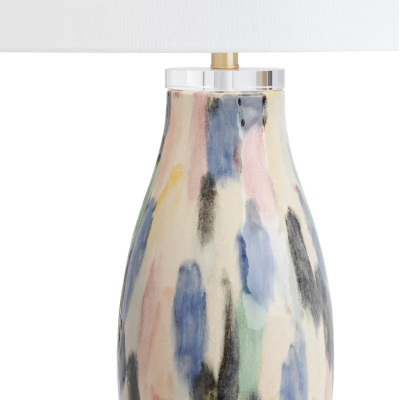 Ceramic Table Lamp With White Linen Drum Shade And Crystal Base