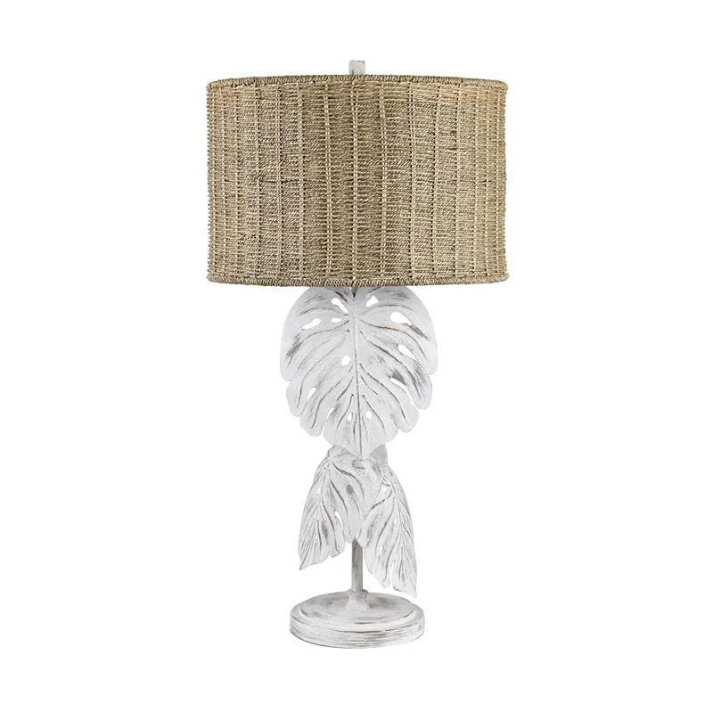 Tropical Leaf White Distressed Metal Table Lamp With Tan Grass Rope Shade