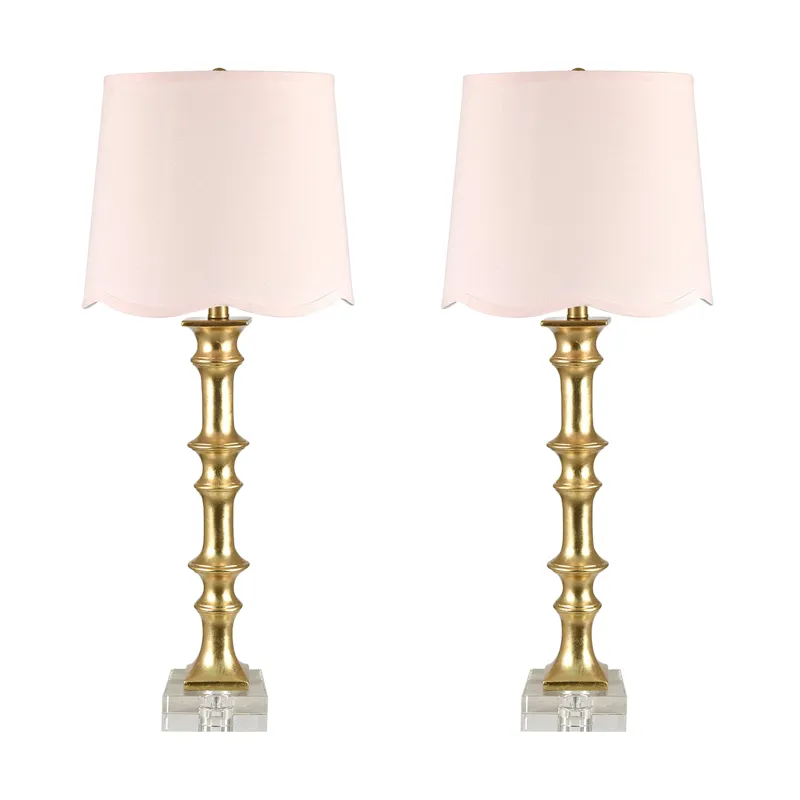 Set Of 2  Gold Resin Table Lamp With Pink Linen Shade