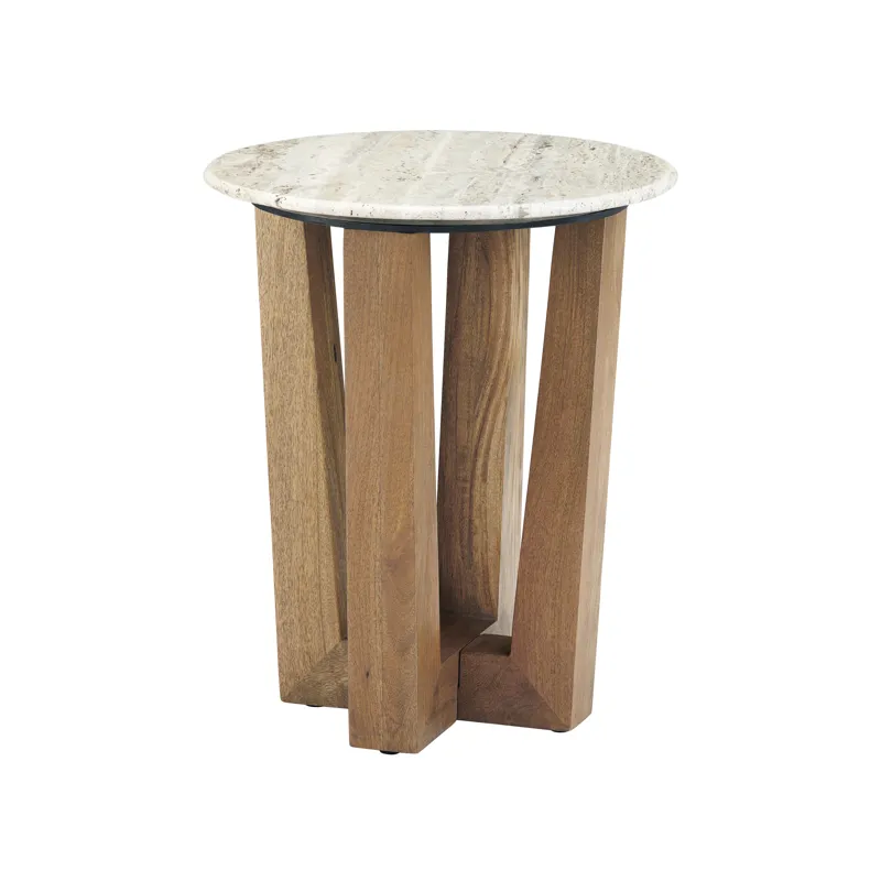 White & Gray Travertine Topped Round Accent/end Table With Brown Wooden Legs