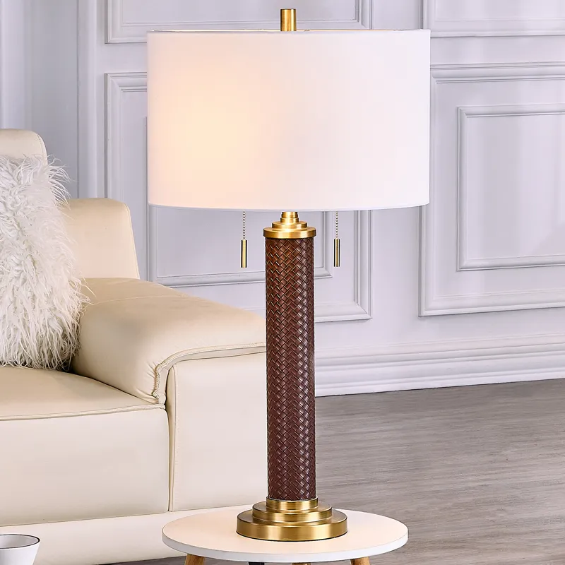 Faux Leather And Metal Table Lamp With White Linen Shade