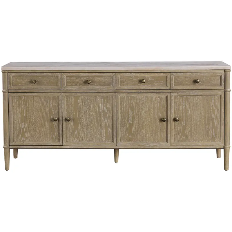 72 In. Tan Wood Whitewashed Four Door, Four Drawer Credenza Sideboard