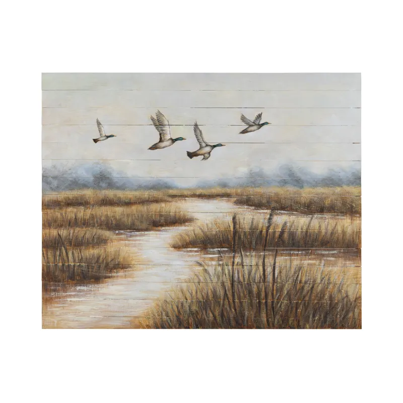 In Flight Ducks Over Marsh Mixed Media Wall Art