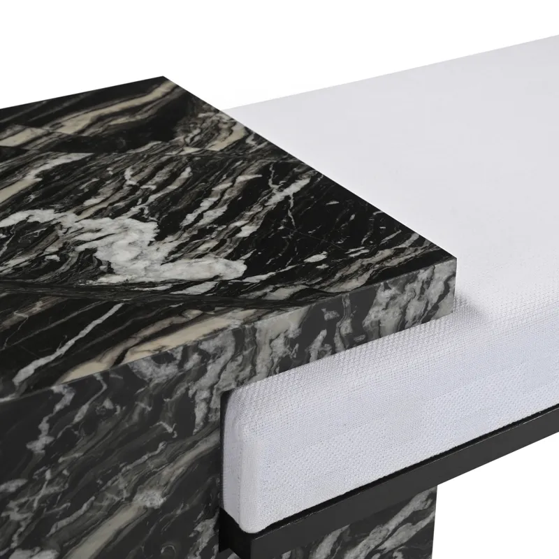 72 In. Black Marble And White Upholstered Accent Bench