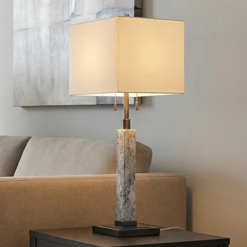 Glasgow Table Lamp In Gray And Black Metal With Square White Linen Shade