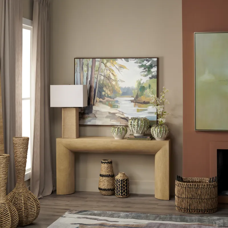 W Tan Wood Accent Console Sofa Table