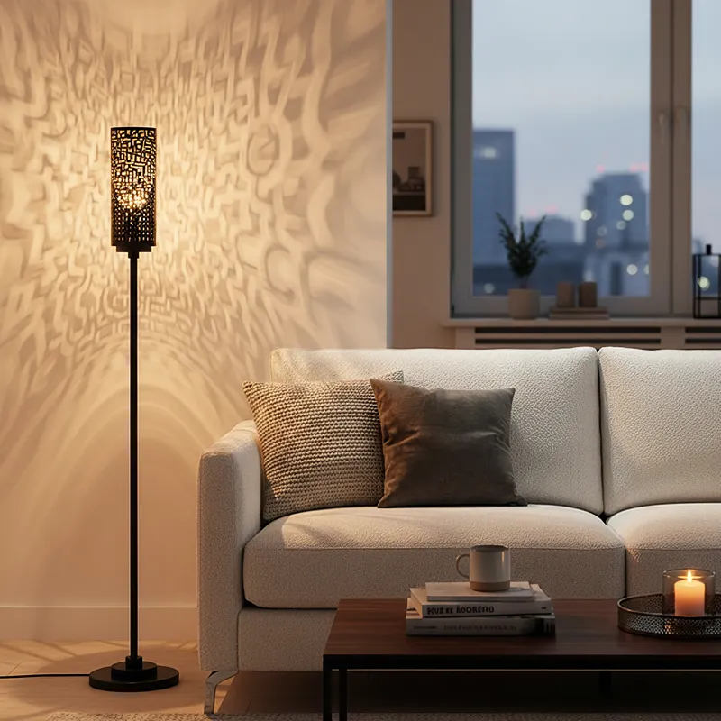 Emberdale Black Matte Metal Floor Lamp With Intricate Drum Shade