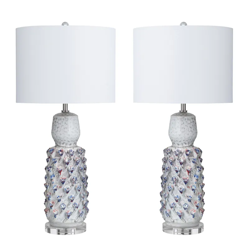 Set Of 2 Textured Ceramic Lamps With Drum Shades
