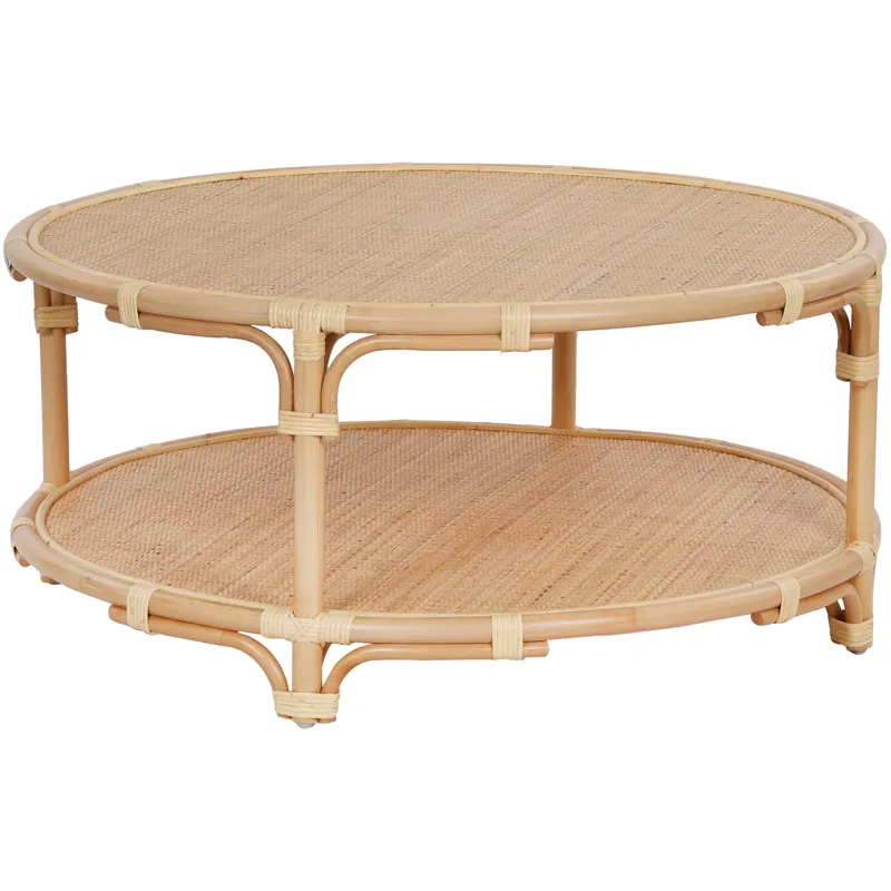 Tan Rattan Round Cocktail Coffee Table