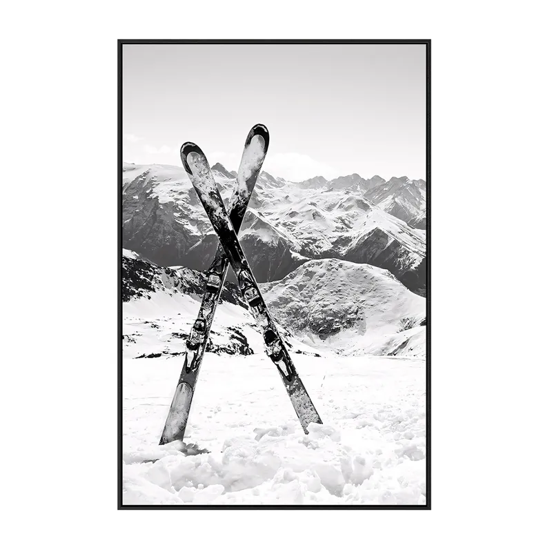 Breckenridge Black And White Ski Mountain Framed Canvas Wall Art