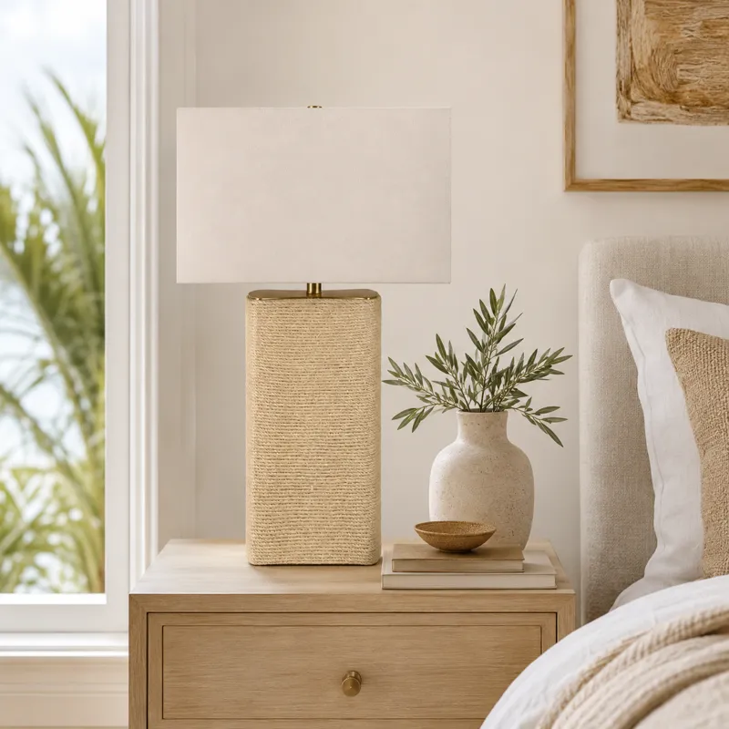 Beige Rope Textured Table Lamp With Oat Linen Drum Shade