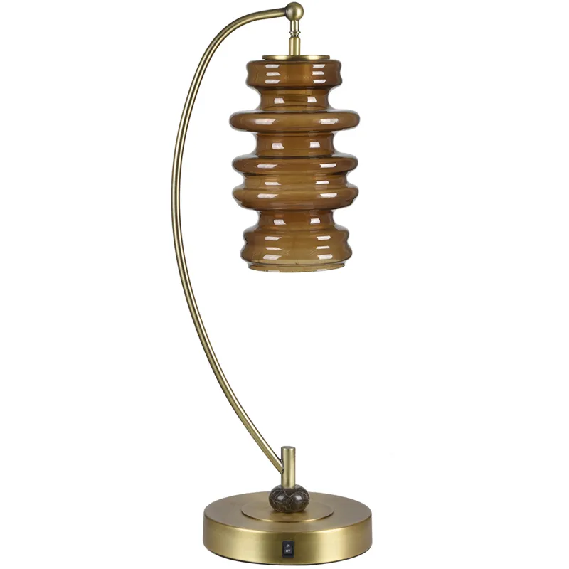 Polished Gold Metal Task Lamp With Brown Glass Shade