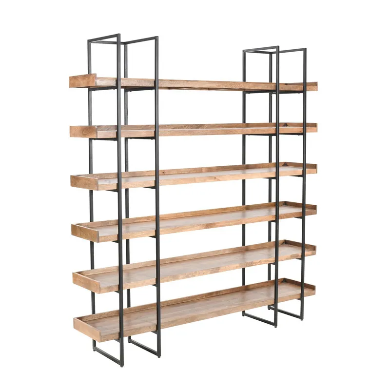 84 In. Brown Solid Wood 6 Shelf Etagere/bookcase With Black Iron Frame