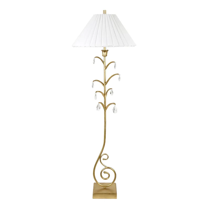H Ornate Decorative Crystal Gold Floor Lamp W/ White Linen Specialty Shade