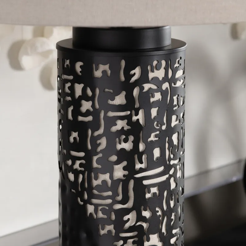 Black Metal Table Lamp With Oat Linen Drum Shade & Nightlight