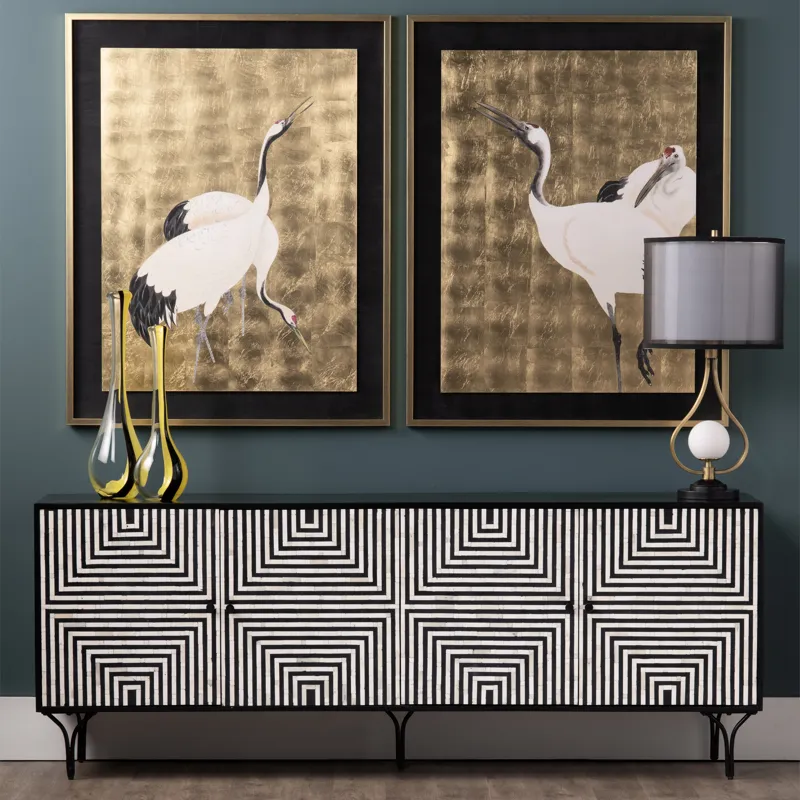 4-door Black/ivory Bone Inlay Media Credenza/sideboard