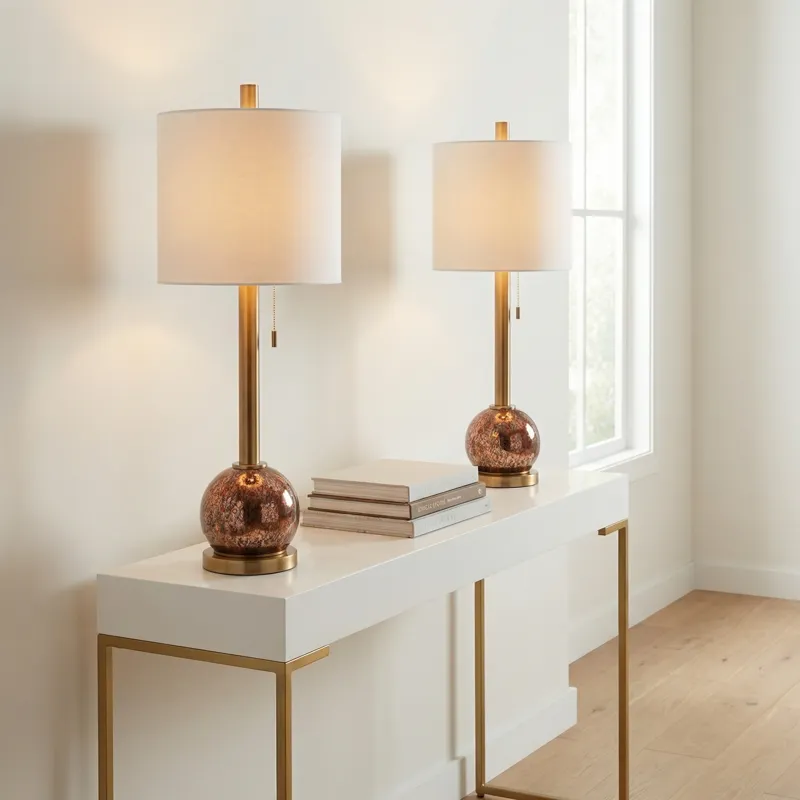 Bronze/gold Kingman Buffet Lamp With White Linen Drum Shade