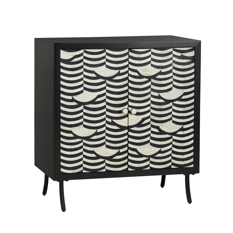 2-door Black Wood/ivory Bone Inlay Accent Cabinet With Black Metal Legs