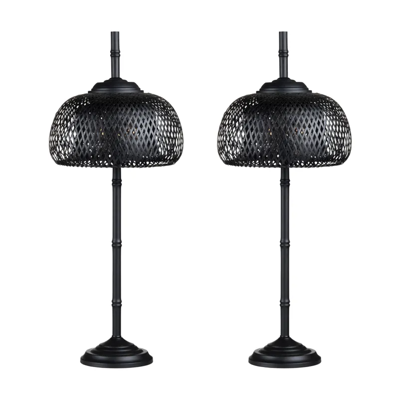 Black Metal Buffet Lamp With Rattan Shade