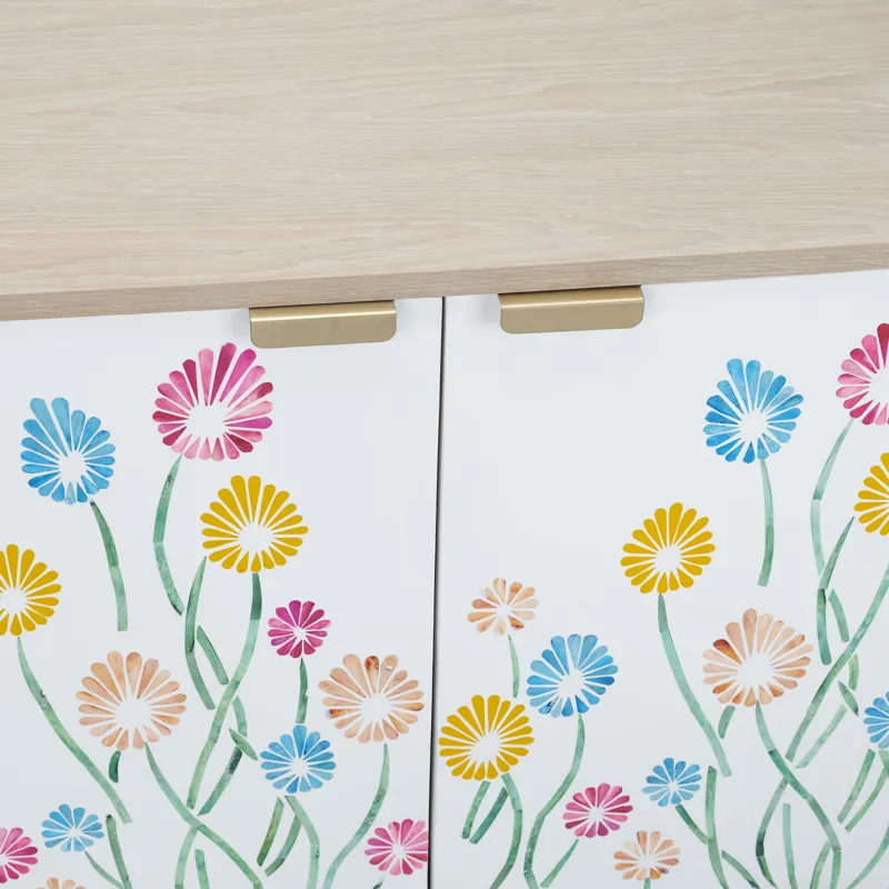 2 Door Tan Wood Grain Accent Cabinet With Painted Floral Doors And Metal Legs