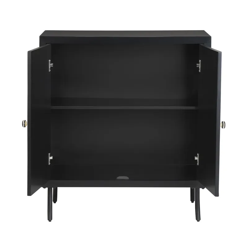 2-door Black Wood/ivory Bone Inlay Accent Cabinet With Black Metal Legs