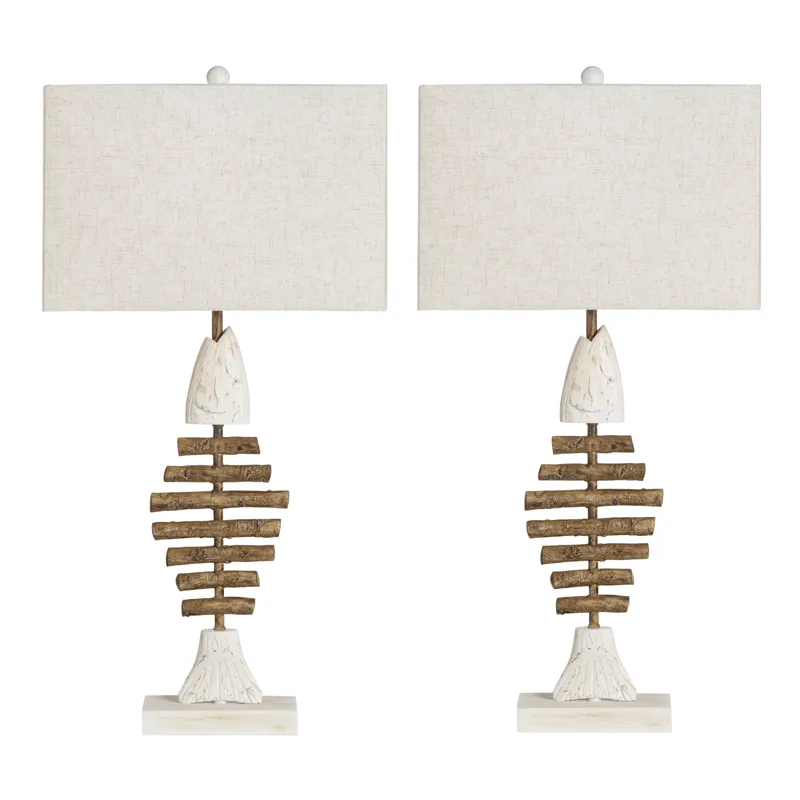 Resin Table Lamp With Coastal Fish Design And Linen Shade