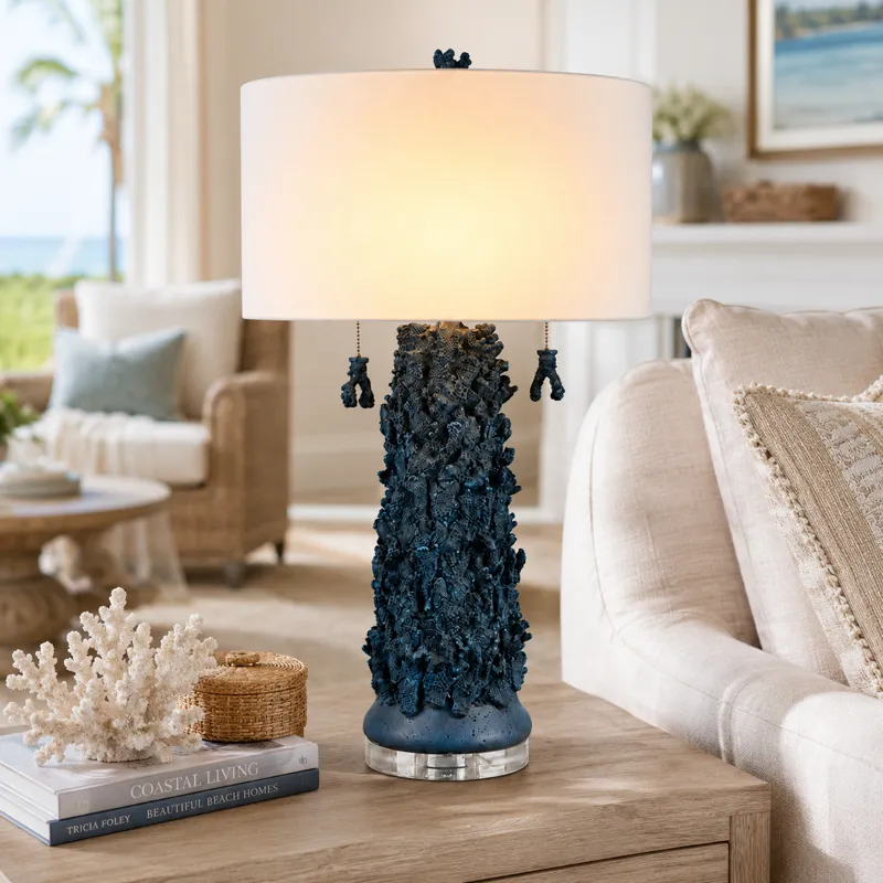 Blue Coraline Table Lamp With Textured Base And White Linen Drum Shade