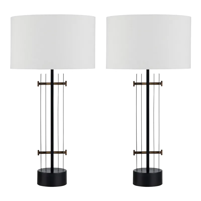 Metal Table Lamp With White Linen Drum Shade