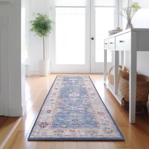 Luxury Washable Hatay Blue 2\'3\" x 7\'6\" Runner Rug