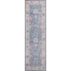 Luxury Washable Hatay Blue 2\'3\" x 7\'6\" Runner Rug