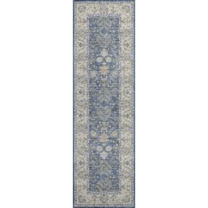 Luxury Washable Hatay Blue 2\'3\" x 7\'6\" Runner Rug