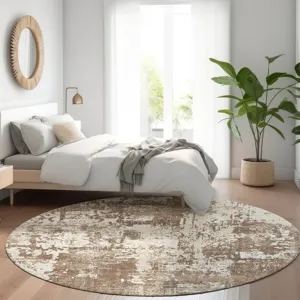 Luxury Washable Indoor/Outdoor Kochi Brown 8\' x 8\' Round Rug