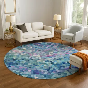 Luxury Washable Indoor/Outdoor Kaleidoscope Turquoise 8\' x 8\' Round Rug