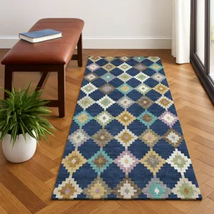 Luxury Washable Kenner Navy 2\'3\" x 7\'6\" Runner Rug